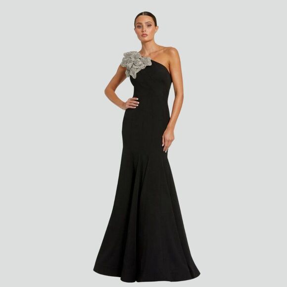 Mac Duggal Size 14 Black Crepe One Shoulder Crystal Flower Long Maxi Dress Gown - Picture 3 of 5